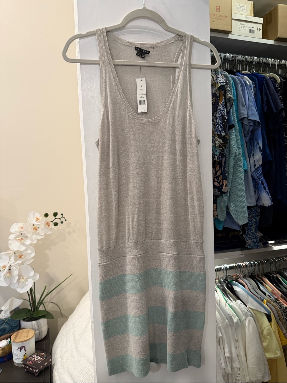 Theory Soft Neutral/Beige & Minty Pale Green Drop-Waist Tank Dress